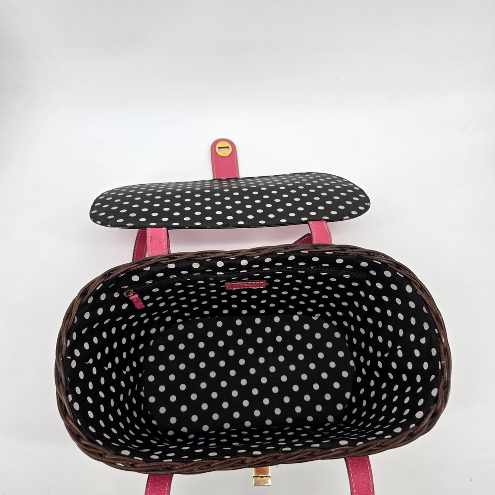 Kate Spade Pink Leather Dark Brown Wicker Picnic Basket Polka Dot Satchel Bag - Picture 3 of 13
